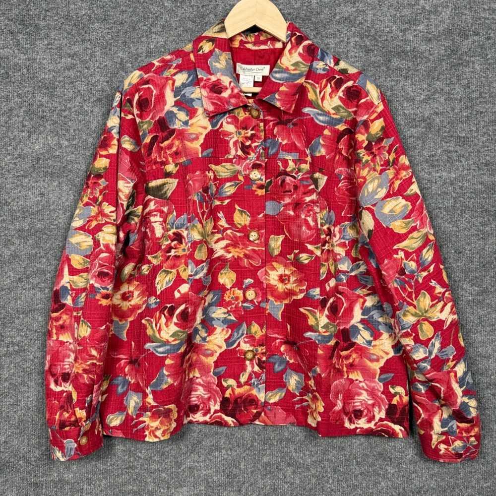Coldwater Creek Plus Sz 2X Shirt Shacket Red Floral Textured Cotton Long Sleeves